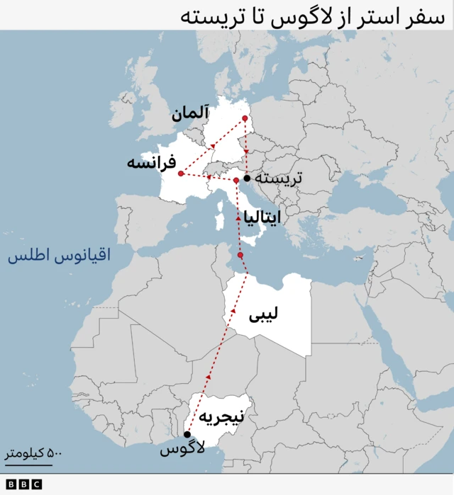 نقشه‌ای که مسیر سفر استر را از نیجریه به لیبی، ایتالیا، فرانسه، آلمان و بازگشت به ایتالیا نشان می‌دهد.
