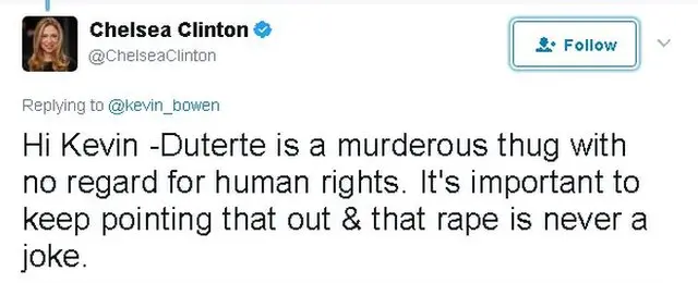 Tweet reads: Hi Kevin -Duterte is a murderous thug with no regard for human rights. It's important to keep pointing that out & that rape is never a joke.