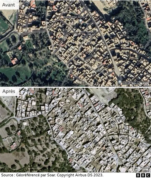 Une image fractionnée montrant une vue satellite des dommages subis par le village avant et après la catastrophe.