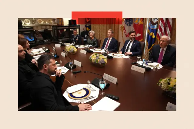 Zelenksy na Trump n'abandi bategetsi bicaranye ku meza y'imbaho muri Maison Blanche