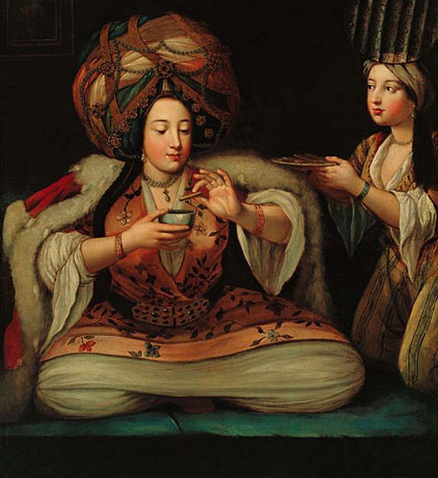 "Disfrutando café", pintura de autor desconocido que está en el Museo Pera en Turquía.
