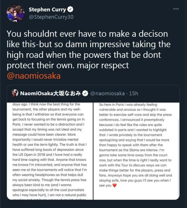 Stephen Curry statement on Naomi Osaka mata