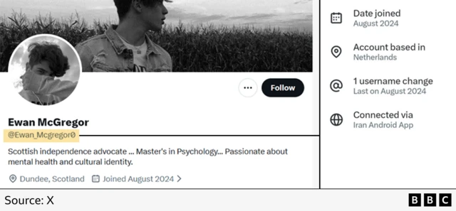 「Ewan_McGregor0」というアカウントのプロフィール画面のスクリーンショットと、「このアカウントについて」タブのスクリーンショットが並べられている。プロフィール画面では、草原にいる男性の横顔を映したモノクロの写真が、バナーとアイコンに使われている。「このアカウントについて」タブには、このアカウントの作成年月（2024年8月）、位置情報（オランダ）、ユーザー名の変更回数（1回）と最新変更年月（2024年8月）、Xへのアクセス方法（イランのアンドロイドアプリから）が示されている