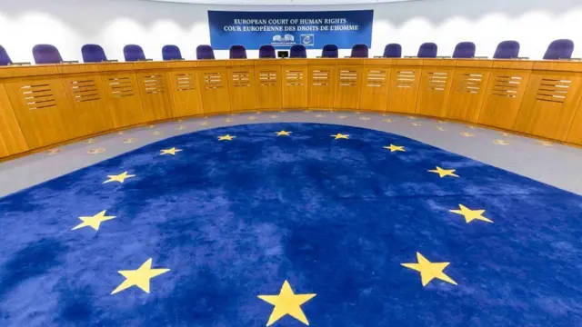 Yerde üzerinde yıldızlar olan bir halı. Arkada kürsü ve Avrupa İnsan Hakları Mahkemesi yazısı