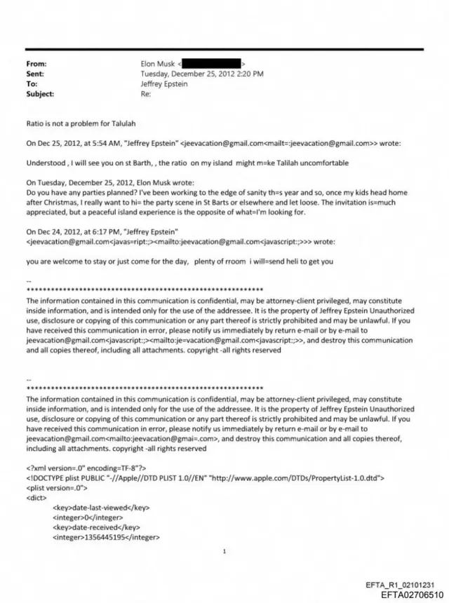 Copia de un correo de Elon Musk enviado a Jeffery Epstein divulgado por el Departamento de Justicia de EE.UU.