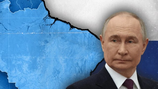 Montagem com foto de Vladimir Putin, barris de petróleo e o mapa do Brasil ao fundo. 