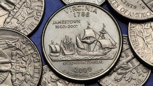 Monedas conmemorativas de la llegada de los colonos ingleses a Estados Unidos.