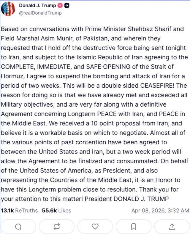 امریکی صدر ڈونلڈ ٹرمپ کی ٹروتھ سوشل پوسٹ