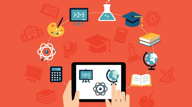 ग्लोब र अन्य आकृति भएको ट्याब्लेट समातेका दुई हात। त्यसवरिपरि पुस्तक, ग्लोब, ह्याट, बोर्ड, रङ्गदानी र क्याल्कुलेटरका चित्र।