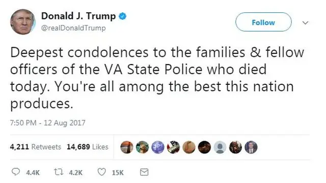 آقای ترامپ به کشته شدن ماموران پلیس واکنش نشان داده هر چند به کشته شدن زنی که در جریان زیرگرفتن خودرو جان داده اشاره نکرده است