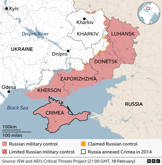 Carte indiquant les zones de l'est de l'Ukraine sous contrôle militaire russe ou sous contrôle russe limité