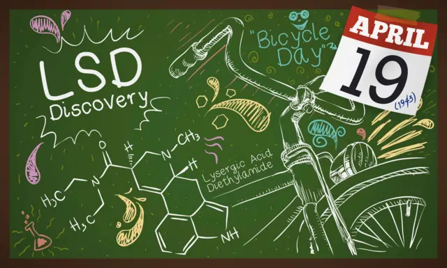 Pizarra con la fórmula química del LSD, un dibujo antiguo de una bicicleta y un calendario de hojas sueltas que conmemora el descubrimiento de esta sustancia química y el primer viaje bajo sus efectos, o "Día de la Bicicleta", el 19 de abril de 1943.