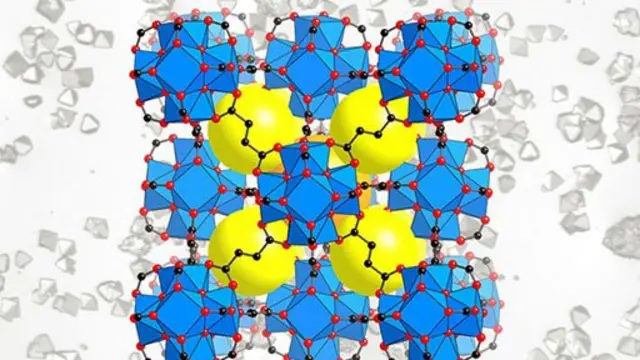 Ilustración de andamios de moléculas llamados MOF por sus siglas en inglés