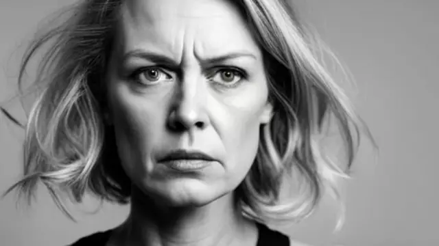 وجه سيدة مقطبة الجبين أنشأت بواسطة الذكاء الاصطناعي