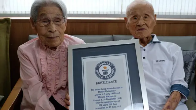 Masao Matsumoto, 108 dan istrinya, Miyako yang berusia 100 tahun mendapat sertifikat dari Guiness World Records.