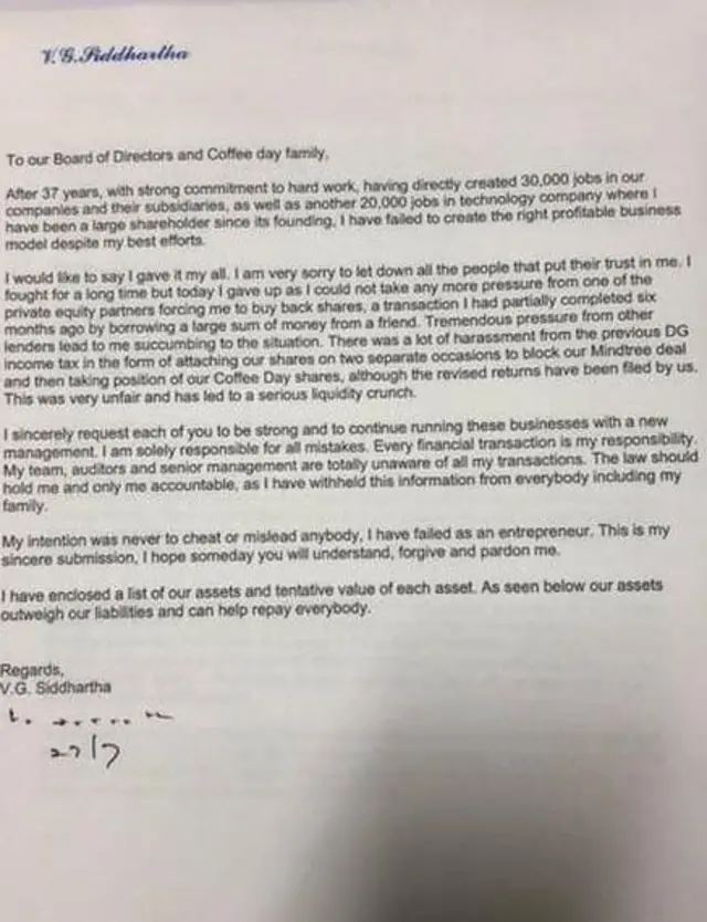 தனது நிறுவன பணியாளர்களுக்கு சித்தார்த்தா எழுதிய கடிதம்
