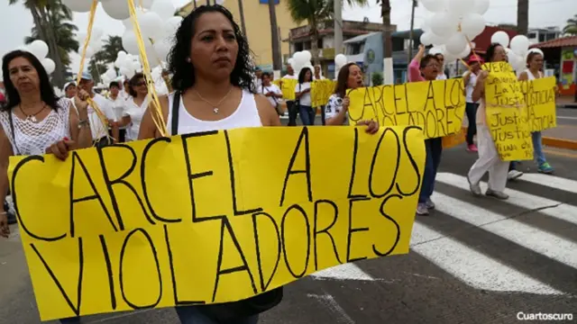 Mujeres con cárteles que dicen "Cárcel a los violadores".