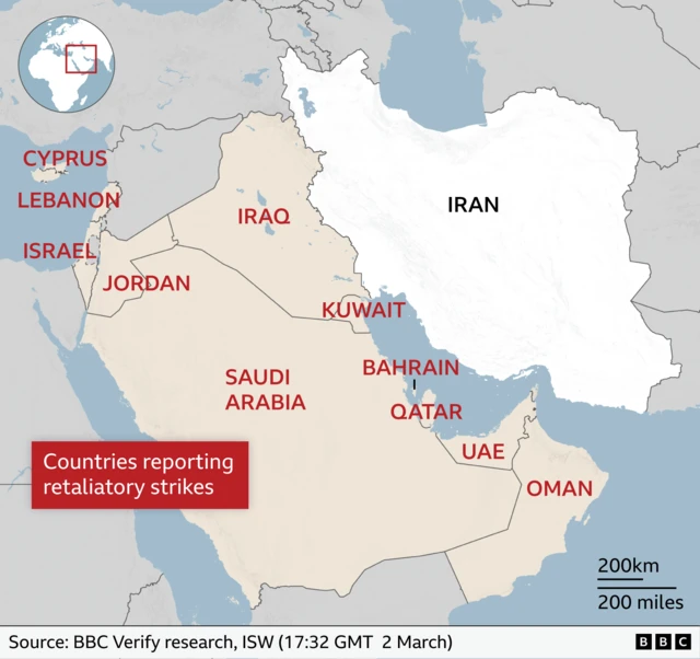 One BBC map show countries around Iran.