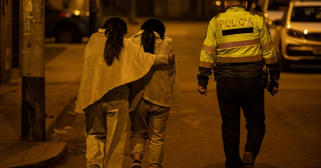 Dos mujeres caminan junto a un agente de Policía en una noche de Lima. Todos se ven de espaldas y cabizbajos. Una de las mujeres lleva abrazada a la otra. 