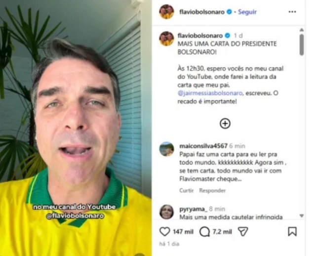 Capturas de tela da postagem no Instagram de Flávio no Sábado (11/7) foram incluídas na decisão de Moraes desta segunda-feira. Imagem mostra, do lado direito, comentários escritos em letras pretas. Do lado esquerdo, Flávio Bolsonaro usando a camisa da seleção brasileira amarela e verde