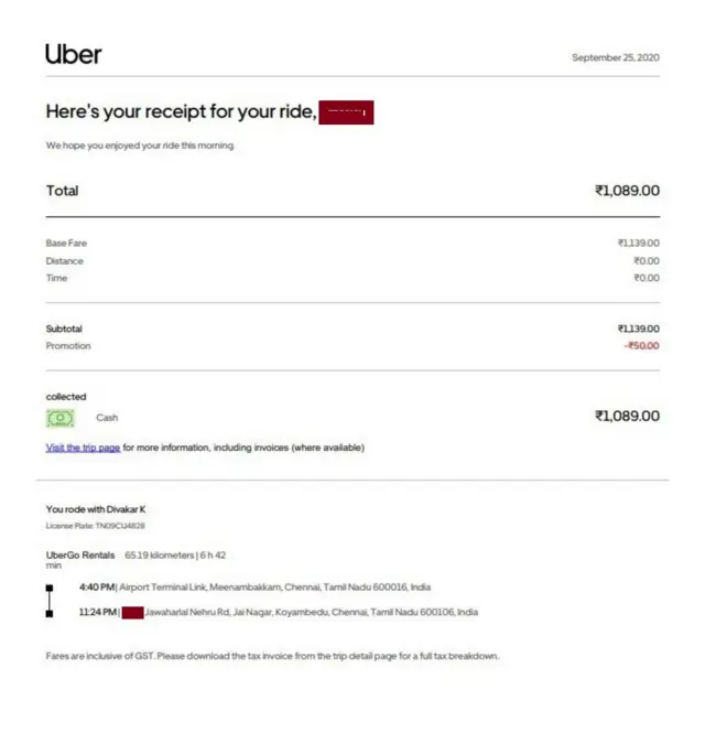 చెన్నై ఎయిర్ పోర్టు నుంచి క్యాబ్ బిల్లు