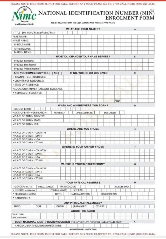 Akọsilẹ ẹda bi fọọmu iforukọsilẹ fun nọmba idanimọ NIN naa ṣe ri