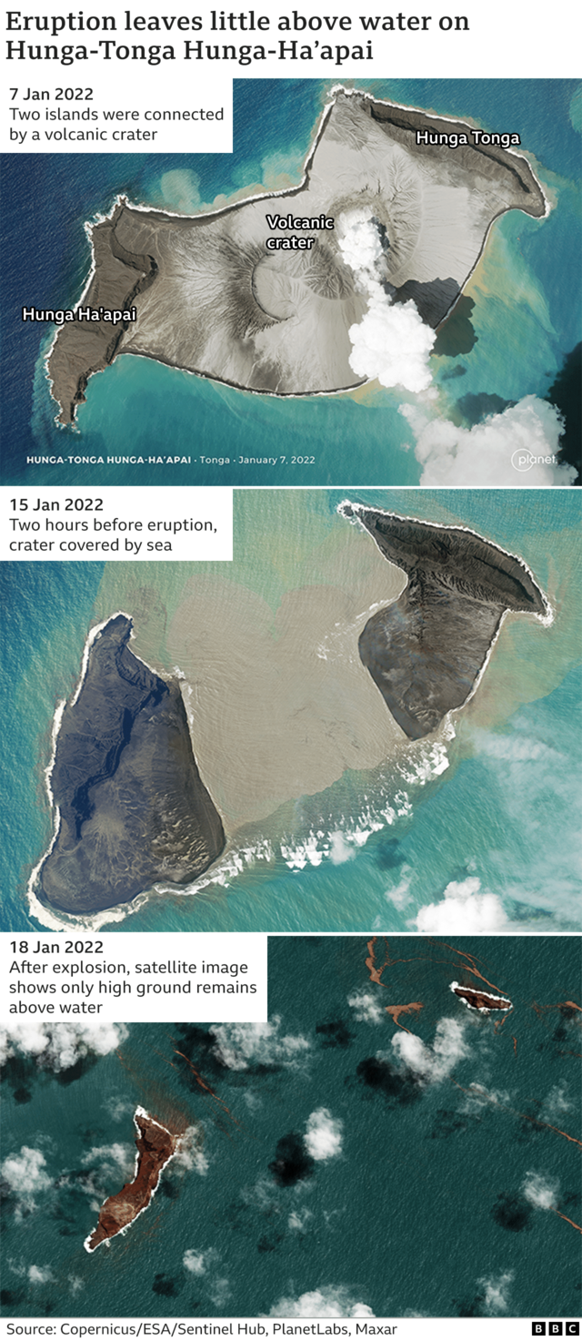 Satellite images showing volcano island has been destroyed