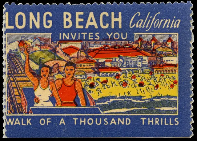 Estampilla promocionando a California con montaña rusa en primer plano