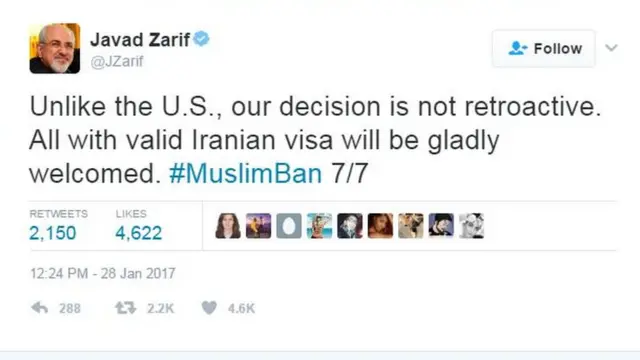 وزیر خارجه ایران گفته است: "بر عکس آمریکا، سیاست ما عطف بما سبق نمیشود. ایران، تمام کسانی که ویزا معتبر سفر به این کشور را داشته باشند با خواشحالی میپذیرد"