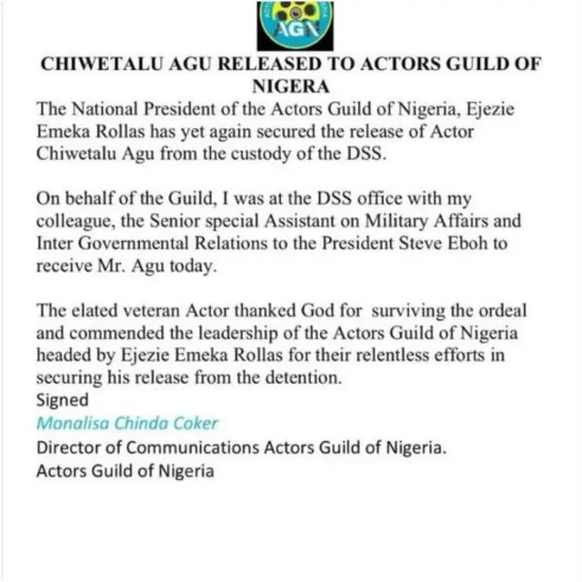 Ozi AGN zipụtara ma nzọpụta Chiwetalu Agu