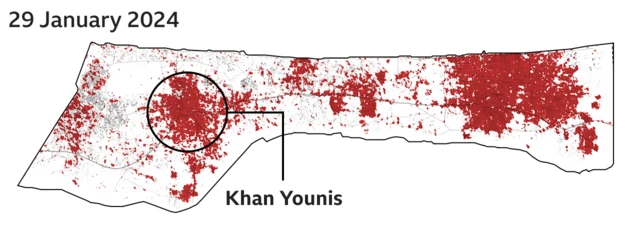 Map for Gaza from 29 January 2024 wey show di damaged areas