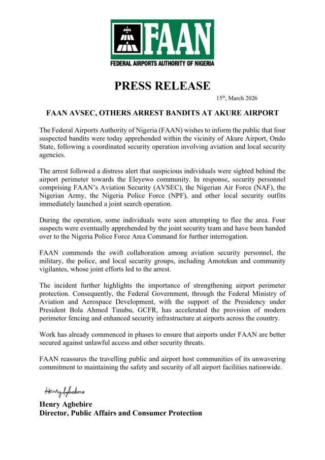 Àtẹ̀jáde tí FAAN fi léde lórí ìṣẹ̀lẹ̀ náà