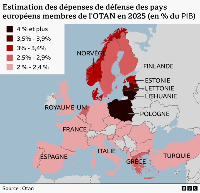 Carte des pays de l'OTAN en Europe et de leurs dépenses de défense.