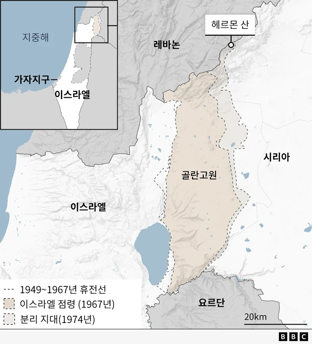 골란고원과 분리 지대를 표시한 지도