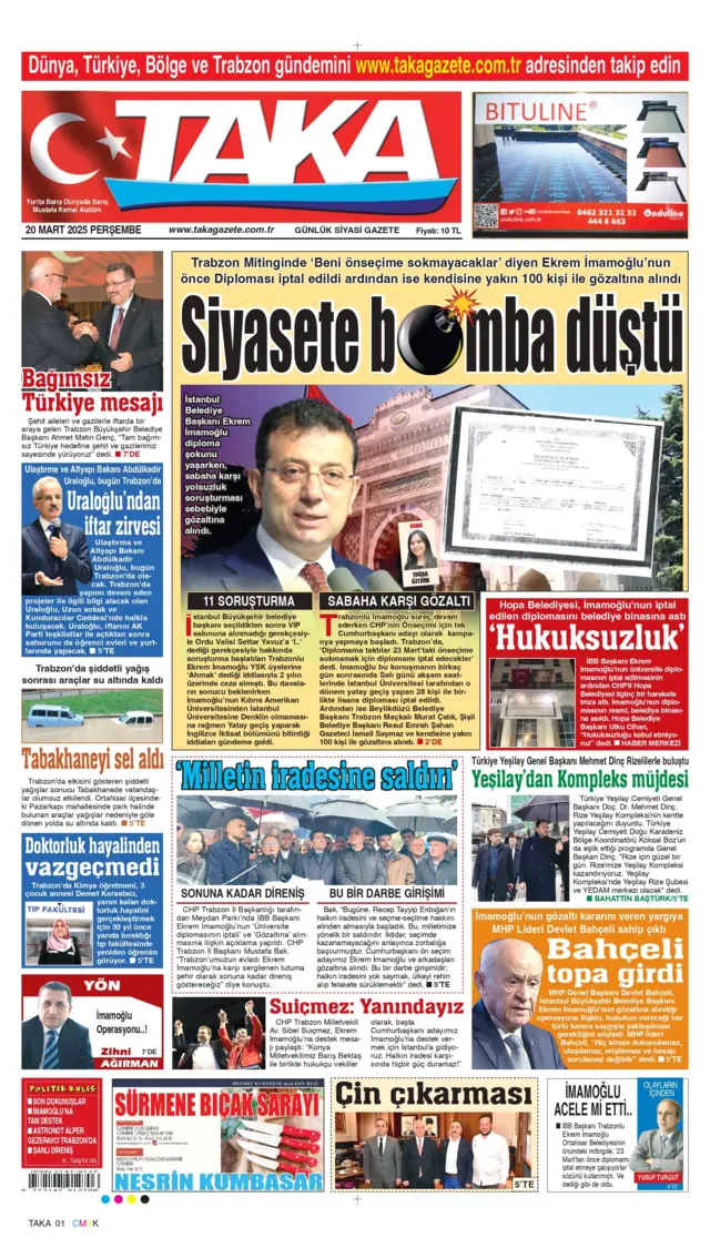 Taka Gazetesi'nin 20 Mart'taki ön sayfası