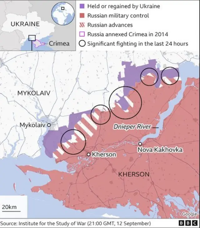 Map showing Ukrainian advances in the south around Kherson