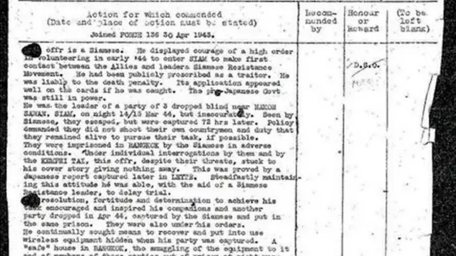 ข้อเสนอเข้ารับเครื่องราชอิสริยาภรณ์ชั้น Member of the Most Excellent Order of the British Empire for ป๋วย อึ๊งภากรณ์ 5 ธันวาคม 2489 (TNA, WO 373/102/586)