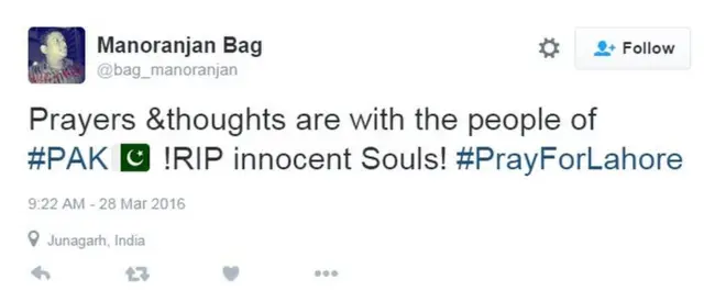 マノランジャン・バグさんは「パキスタンの人たちに祈りと思いを！　罪もない人たち、やすらかに！」とツイートした