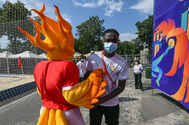 A firebird named Zharishka, the official Mascot of the FIFA Beach Soccer World Cup Russia 2021, welcomes the team of Senegal during a training session
