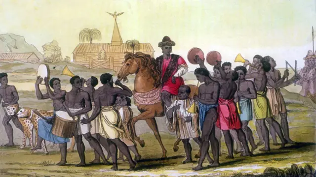 Un oba ou souverain du royaume du Bénin à cheval dans une illustration du début du XIXe siècle.
