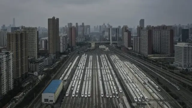 चीन के वुहान में खड़ी ट्रेनें