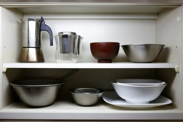 Tazas y otros utensilios en el armario de la cocina del apartamento de Fumio Sasaki.