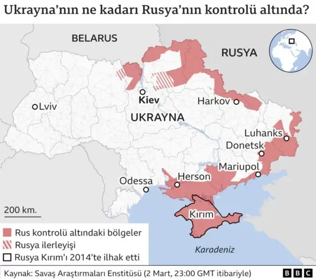 Ukrayna'daki Rus kontrolünü gösteren harita
