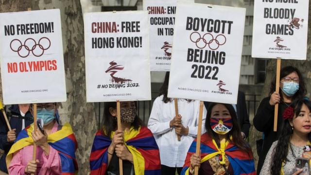 Free Tibet campaigners and members of the Hong Kong, Tibetan and Uyghur communities hold a rally opposite Downing Street as part of a global day of action in protest against the Beijing 2022 Winter Games on 23rd June 2021 in London, United Kingdom.