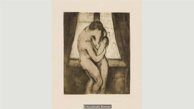 在蒙克1895年的作品《吻》中，爱侣在亲吻时身体交融。