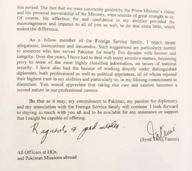 طارق فاطمی کے خط کا عکس