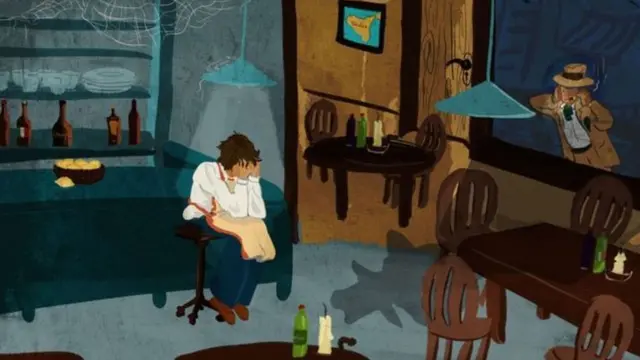 একটি রেস্টুরেন্টের মালিক ফাঁকা রেস্টুরেন্টে বসে আছেন দু হাতে মুখ ঢেকে। বাইরে দাঁড়িয়ে একজন মাফিয়া সদস্য।