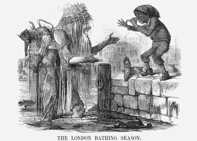 'La temporada de baño en Londres', 1859. "¡Ven, cariño! - ven a tu viejo Támesis y date un buen baño!", le dice el padre Támesis a un niño, mientras una baba le chorrea y lo rodean animales muertos flotando en la superficie del agua pestilente.