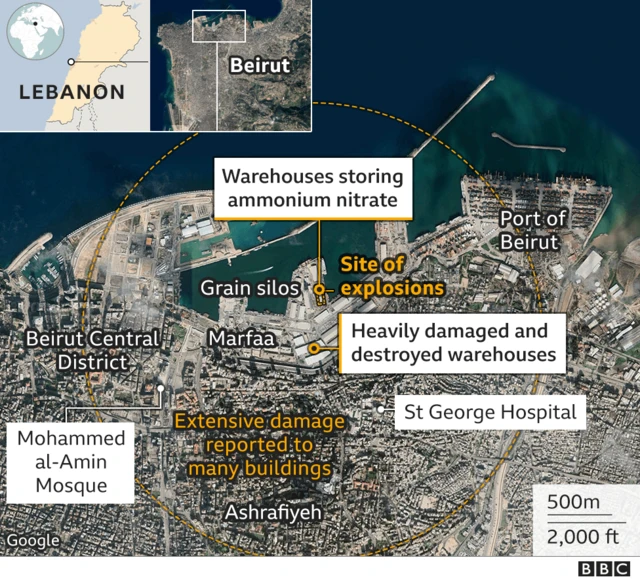 Map showing location of 4 August 2020 explosion in Beirut