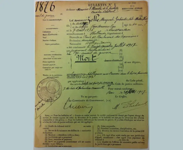 The French court's notification of Mata Hari's death sentence